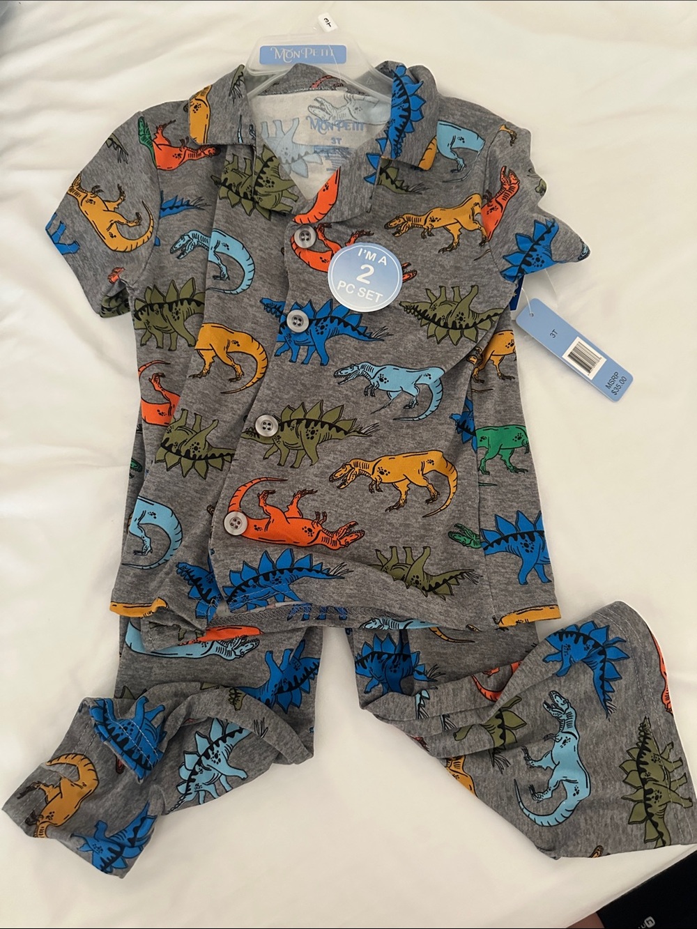 Mon Petit Gray Dinosaur Short-Sleeve Kids Pajama Set